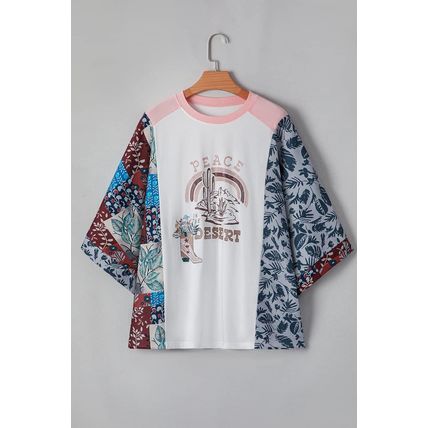 Multicolour Asymmetric Printed Patchwork Sleeve Peace Desert Graphic Top