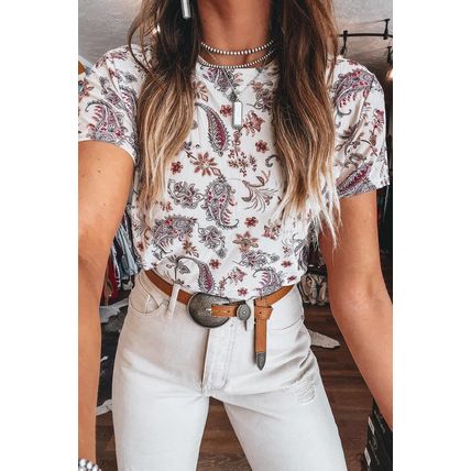 White Vintage Paisley Mock Neck T Shirt