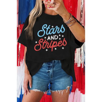Black July 4th Stars AND Stripes Vintage Letter Graphic Tee