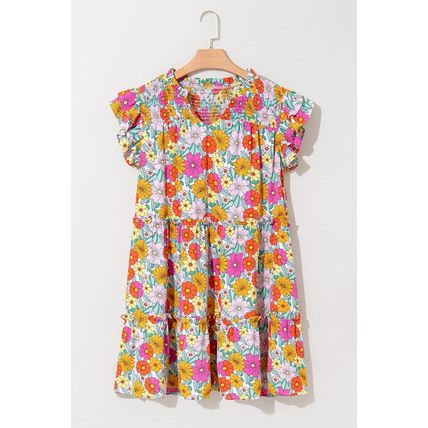 Sky Blue Floral Print Smocked Notch V Neck Flutter Sleeve Mini Dress
