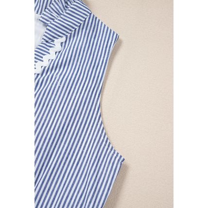 Blue Stripe Sleeveless Notched V Neck Contrast Ric Rac Mini Dress