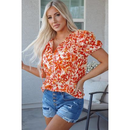 Orange Floral Print Ruffled Short Puff Sleeve Split Neck Blouse