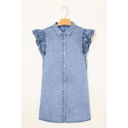 Beau Blue Double Ruffled Sleeves Buttoned A-line Collared Mini Denim Dress