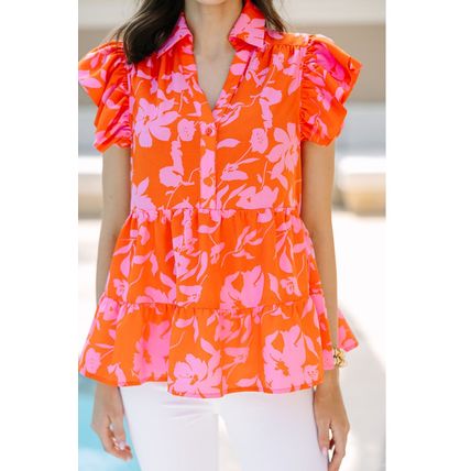 Orange Floral Print Collared Button Neckline Flutter Sleeve Blouse