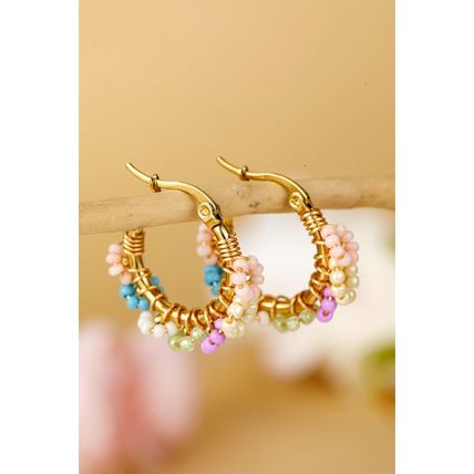 Gold Beaded Flower Hoop Alloy Earrings