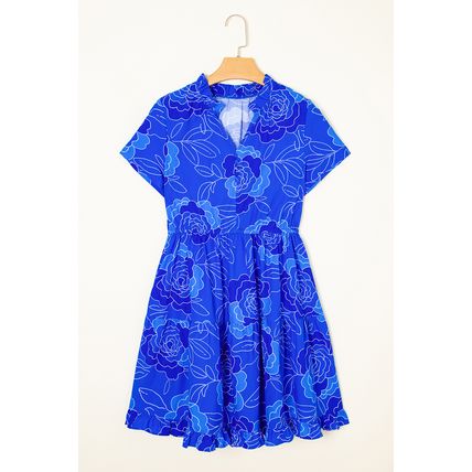 Blue Floral Ruffled Hem V Neck Short Sleeve Flowy Mini Dress