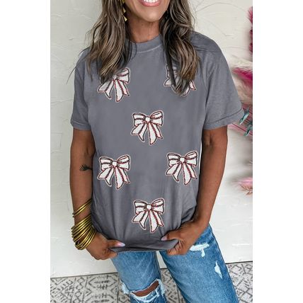 Gray Sequin Bow Baseball Fashion Graphic Tee