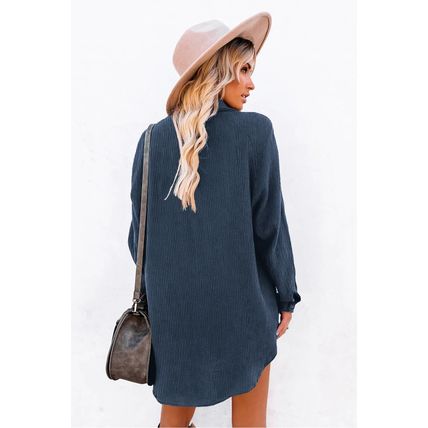 Blue Corduroy Shirt Style Full Button Long Sleeve Shift Mini Dress