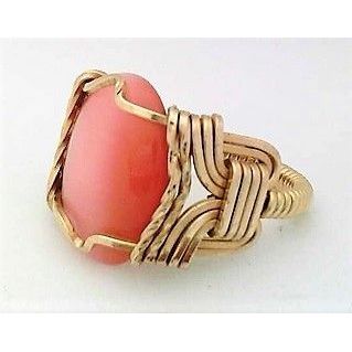 Pink Cat Eye Glass Gold Wire Wrap Gemstone Ring sz 4