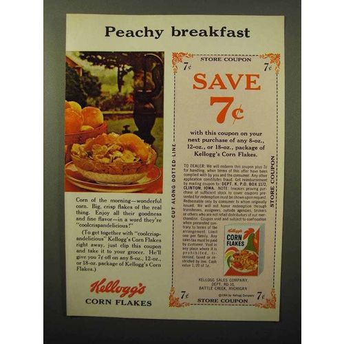 1964 Kellogg's Corn Flakes Cereal Ad - Peachy Breakfast