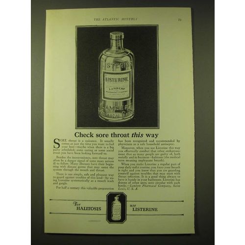 1924 Lambert Pharmacal Company Listerine Ad - Check sore throat this way