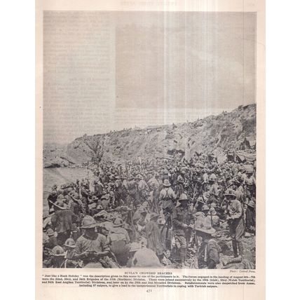 CROWDED BEACHES, SULVA BAY, GALLIPOLI, TURKEY 1915 WW1 photograph from magazine.