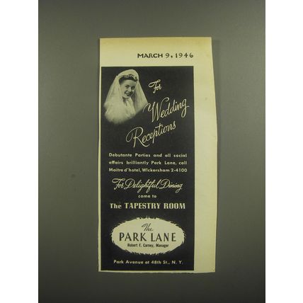 1946 The Park Lane Hotel Ad - For Wedding Receptions