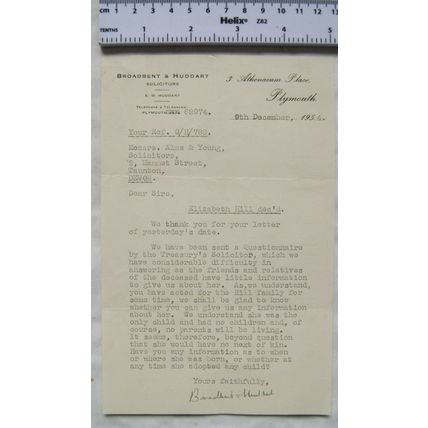 1954 letter Broadbent & Huddart, Plymouth re Elizabeth Hill