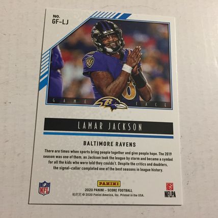 2020 Panini Score Football Baltimore Ravens Lamar Jackson Game Face Trading Card