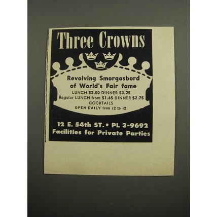 1955 Three Crowns Restaurant Ad - Revolving smorgasbord of World's Fair fame