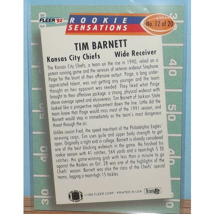 1992 Fleer TIM BARNETT (Chiefs) Rookie Sensations Card #12
