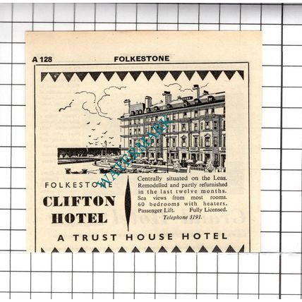 Grand Hotel Folkestone Kent / Clifton Hotel Small Advert - 1958 Cutting