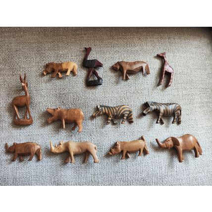 12 x Vintage, Hand Carved, Wooden African Animal Models/Toys - Elephant, Giraffe