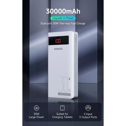 ROMOSS Sense8 PS Pro 30000mAh Power Bank 30W Fast Charge Digital Display 3 Ports