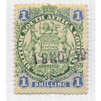 BSAC 1896 SOUTH AFRICA COMPANY ARMS DIE1 SPRINGBOKS 1/- USED SG35 35 SG REVENUE