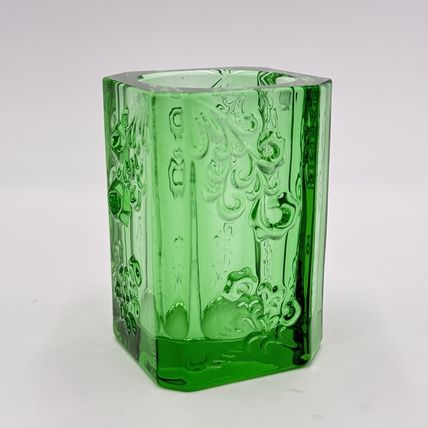 Vintage Tittot Art Glass Green Emerald Embossed Vase 3.5”H Candle Holder Votive