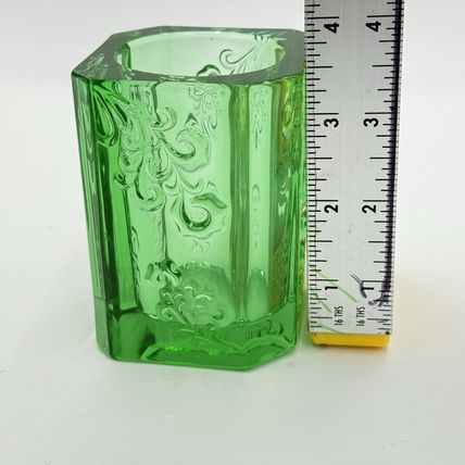 Vintage Tittot Art Glass Green Emerald Embossed Vase 3.5”H Candle Holder Votive