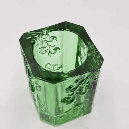 Vintage Tittot Art Glass Green Emerald Embossed Vase 3.5”H Candle Holder Votive