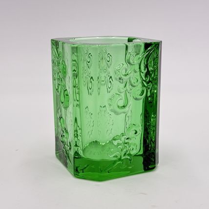 Vintage Tittot Art Glass Green Emerald Embossed Vase 3.5”H Candle Holder Votive