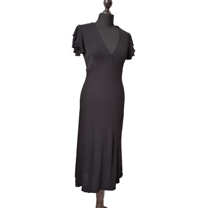 Moda International Black Frilled Sleeves V-Neck Midi Dress Size 10 UK