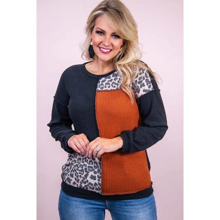 Black Orange Colorblock Leopard Patchwork Waffle Knit Plus Size Top