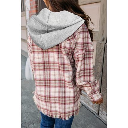 Multicolour Plaid Flap Pocket Hooded Raw Hem Jacket
