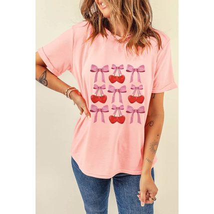 Pink Bow Cherry Print Crew Neck Casual T Shirt