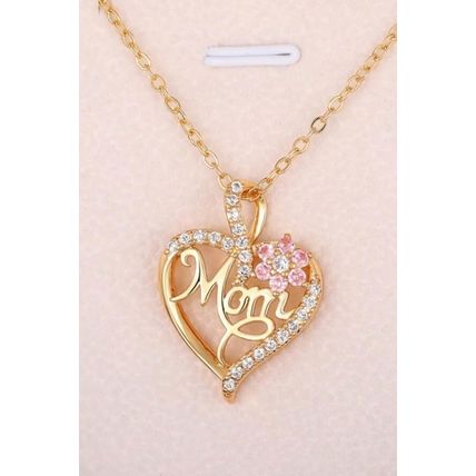 Gold Mom Rhinestone Flower Hollow-out Heart Necklace
