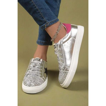 Silvery Metallic Luster Star Pattern Slip On Flat Shoes