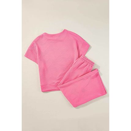Strawberry Pink Textured Loose Fit T Shirt and Drawstring Pants Set