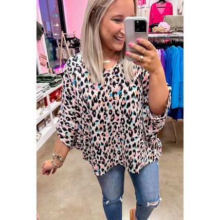 Brown Leopard Print V Neck Batwing Sleeve Plus Size Top