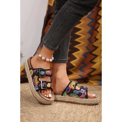 Black Paisley Print Double-Buckle Wedge Slippers