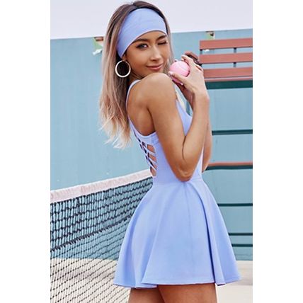Sky Blue Solid Crisscross Open Back Ruffled Active Dress