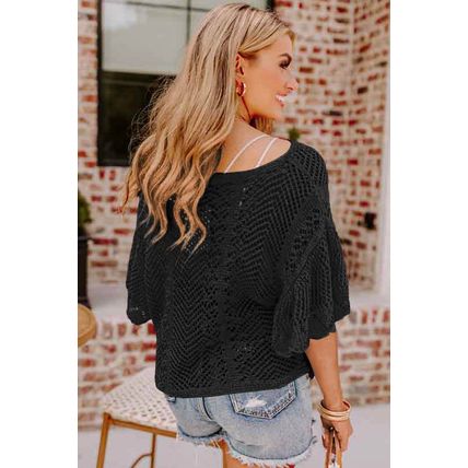 Black Pointelle Knit Scallop Edge Short Sleeve Top