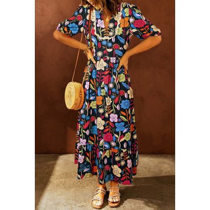 Black Retro Floral Printed Split Neck Maxi Dress