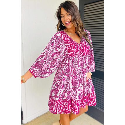 Rose Bohemian Print Puff Sleeve Tied V Neck Flared Mini Dress