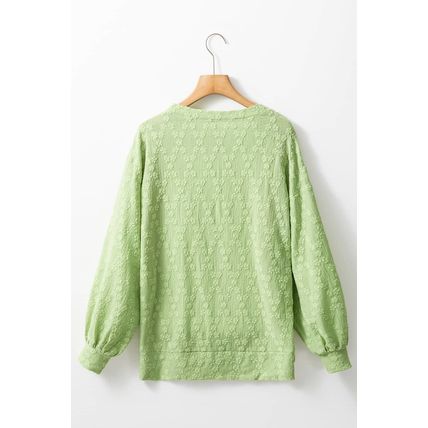Light Green Solid Color Textured Side Split Crew Neck Blouse