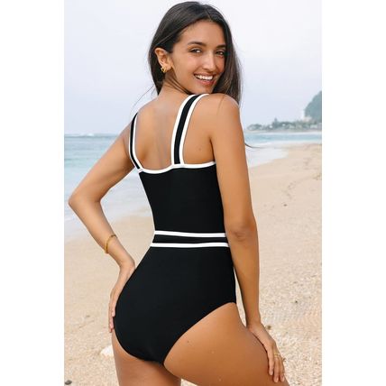 Black Colorblock Edge Belted One Piece Swimsuit
