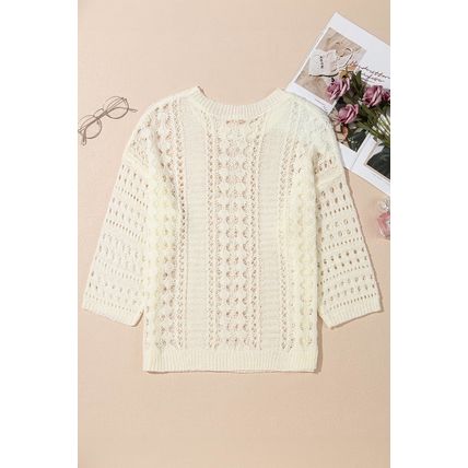 White Hollow Out Knit Bracelet Sleeve Drop Shoulder Sweater