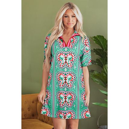 Mint Green Geometric Butterfly Print Split Neck Short Sleeve Dress