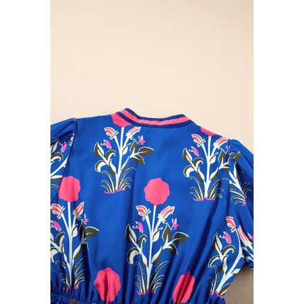 Sky Blue Floral Puff Short Sleeve V Neck High Waist Maxi Dress