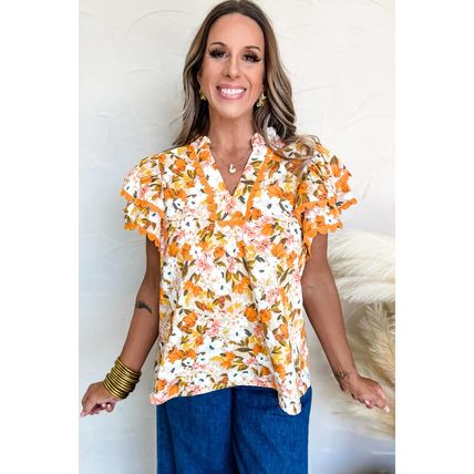 Russet Orange Ruffled V Neck Scalloped Short Sleeve Floral Blouse