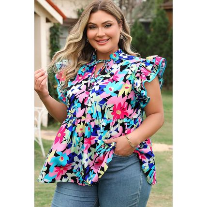Blue Floral Flutter Sleeve Tied Notched Neck Plus Size Blouse