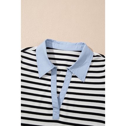 Black Stripe Contrast V Neck Collared Puff Sleeve T Shirt Mini Dress with Pocket